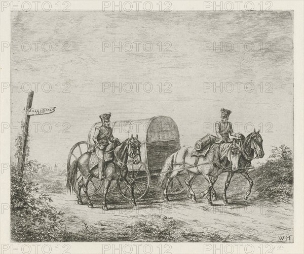 Two soldiers on horseback on the road, print maker: Christiaan Wilhelmus Moorrees, 1811 - 1867