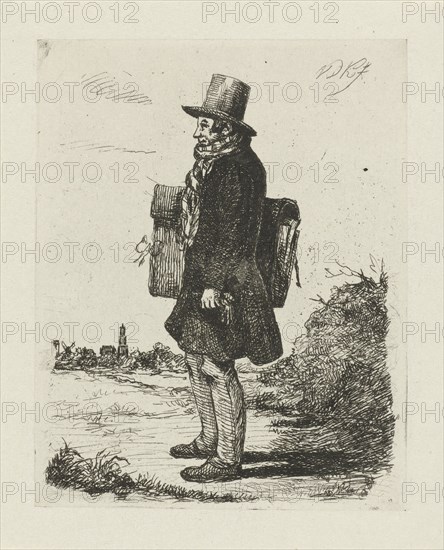Portrait of the painter and printmaker Hermanus Jan Hendrik Rijkelijkhuizen, standing in a landscape at Utrecht, The Netherlands, wearing a top hat and a shawl, under his arm he has a portfolio, and in his left hand a glove, print maker: David van der Kellen (II) (mentioned on object), Dating 1814 - 1879