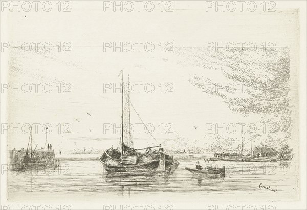River view with boat and rowboat, Jan DaniÃ«l Cornelis Carel Willem baron de Constant Rebecque, 1856 - 1893