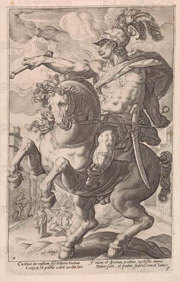 Marcus Curtius on horseback, Anonymous, Hendrick Goltzius, Franco Estius, 1645 - 1706