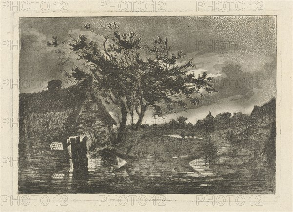 River Landscape with a dilapidated farmhouse, which is partly in the water, in the foreground two men who bring baskets from the boat ashore, print maker: FranÃ§ois Joseph Pfeiffer (II), Dating 1793 - 1835