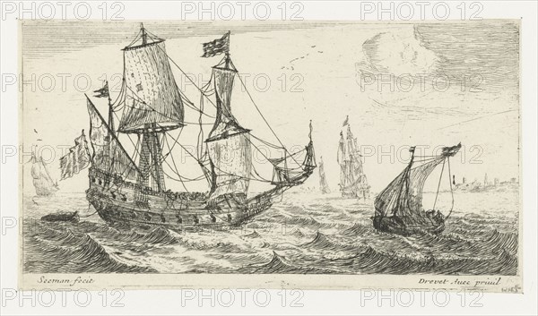 A large sailing ship, a pinnace, and a smaller ship, on the water, three large ships, a village right on the coast, print maker: Anonymous, Dating 1650 - 1738