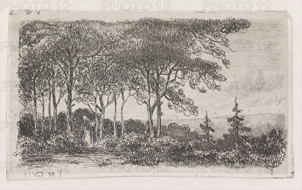 A wooded landscape with the left in the foreground a woman with a basket on her back, print maker: Jacob Jan van der Maaten (mentioned on object), Dating 1830 - 1879