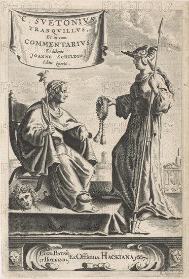 On a pedestal is an emperor on his throne, beside a Medusa head, his foot rests on a top hat, in his hand a rod on which a bird, Minerva offers him a chain, print maker: Reinier van Persijn (mentioned on object), Dating 1667