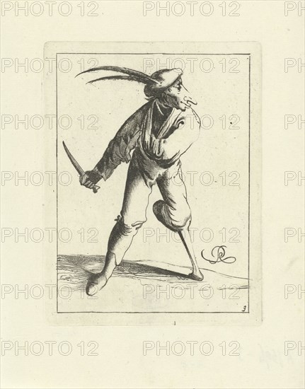 A fool with a wooden leg and arm in a sling has a knife in his hand, he wears a beret with long feathers, his face is elongated and resembles the muzzle of a goat, print maker: Pieter Jansz. Quast (possibly), Dating 1639 - 1706