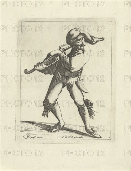Jester with a violin, print maker: Pieter Jansz. Quast, Frederik de Wit, 1639 - 1706