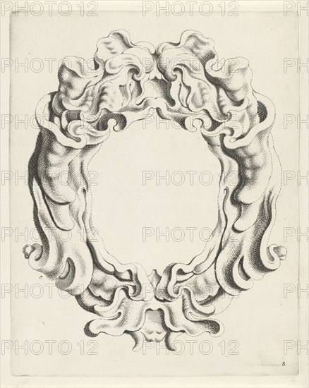 Cartouche with lobe ornament, overhead mask with open mouth, print maker: Michiel Mosijn, Gerbrand van den Eeckhout, Clement de Jonghe, 1640 - 1655