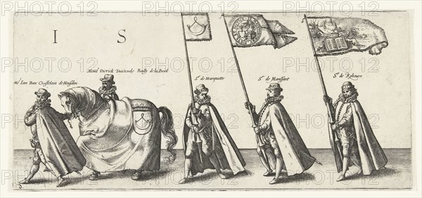 Messrs Jan Bax van Heusden, Dierick Duvoorde, bailiff of Den Briel, Van Marquette, Van Mansaert and Van Ryhoven with a horse with the coat of arms and flag of Orange, a banner the hand of God with scales, funeral procession of William of Orange, Delft August 3, 1584, print maker: Hendrick Goltzius, Dating 1584 and/or 1584 - 1638