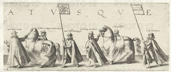Floris Serelais, Pierre de Rhosne, bailiff of Putte, Jaspar van Poelgeest, Jacob van AlmondeÂ¸ Raephorst and Gerard Van der Aa with two horses with weapons and flags of Dietz and Vianden, sheet 4 in the funeral procession of William of Orange, Delft August 3, 1584, print maker: Hendrick Goltzius, Dating 1584 and/or 1584 - 1638