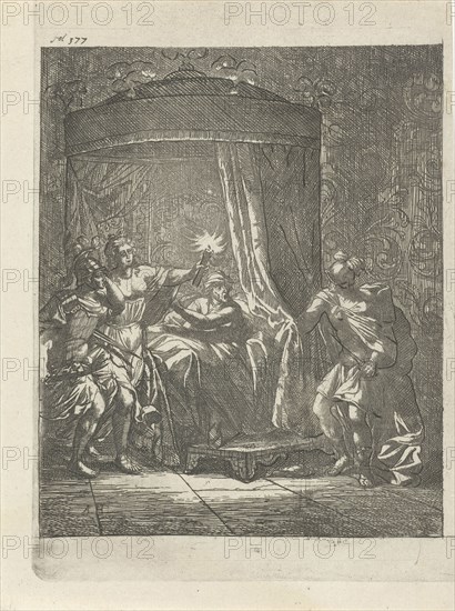 In a dark bedroom is Aristodemus prince of Cuma in bed while he is betrayed by his companion Xenocrite, she has a torch in her hand, the two soldiers carrying knives in hand, print maker: Arnold Houbraken (mentioned on object), Dating 1681 - 1683 and/or 1699