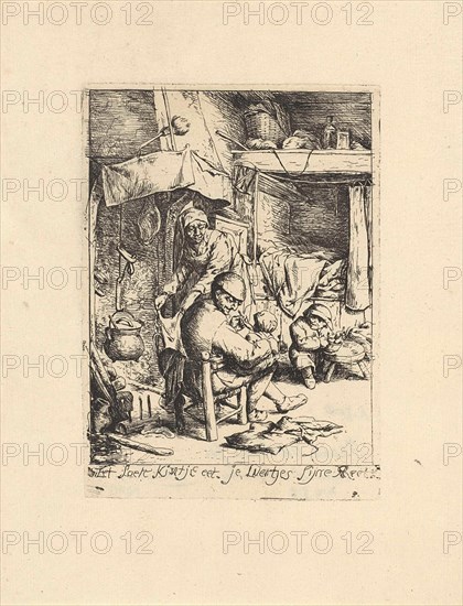 Father feeds a child, print maker: Jacob Laurensz. van der Vinne, Adriaen van Ostade, 1699