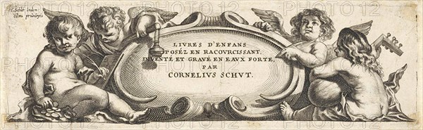 Four putti around a cartouche, print maker: Anonymous, Cornelis Schut I, unknown, 1618 - 1705