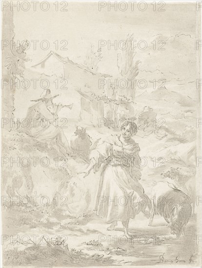 Shepherd sits on a rock and plays pipe, a shepherdess, goats, print maker: Jurriaan Cootwijck, Dating 1724 - 1798