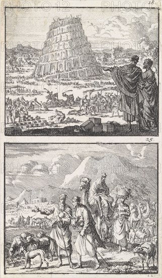 Construction of the Tower of Babel, Abraham and Lot leave their homeland, Jan Luyken, Barent Visscher, Andries van Damme, 1698