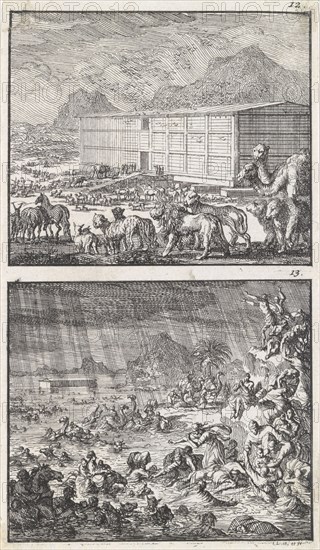 Noah loads all the animals in the Ark, The Flood, Jan Luyken, 1698
