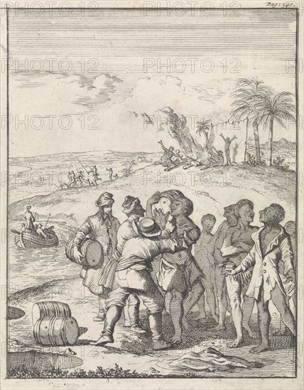 Meeting of sailors with the inhabitants of New Holland, Australia, Caspar Luyken, Abraham de Hondt, 1698