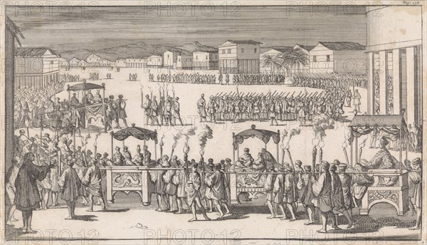 Grand parade to mark the arrival of Captain Charles Swan in Mindanao, Island in Philippines, print maker: Caspar Luyken, Abraham de Hondt, 1698