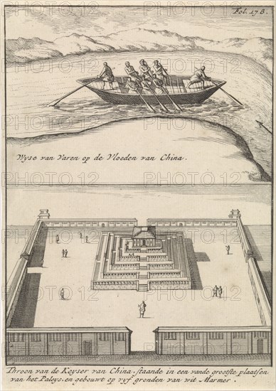 Boat with eight rowers in momentum / Imperial throne to China, Caspar Luyken, Engelbrecht Boucquet, 1698