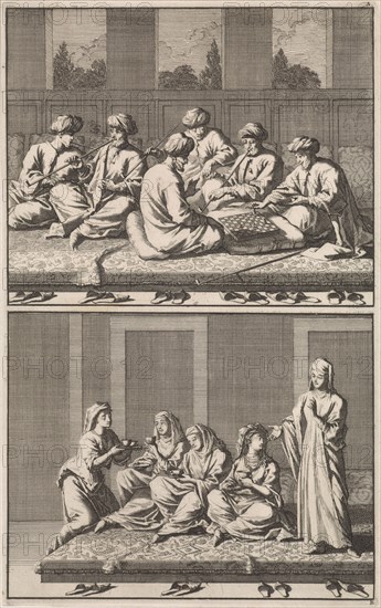 Company of six smoking and chess-playing Turks, Company of coffee drinking four women and a slave, Jan Luyken, 1698