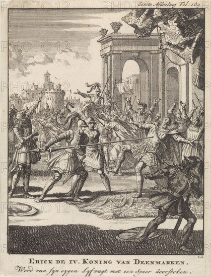 Eric IV of Denmark pierced by his own bodyguard with a spear, 1250, Jan Luyken, Jan Claesz ten Hoorn, 1698