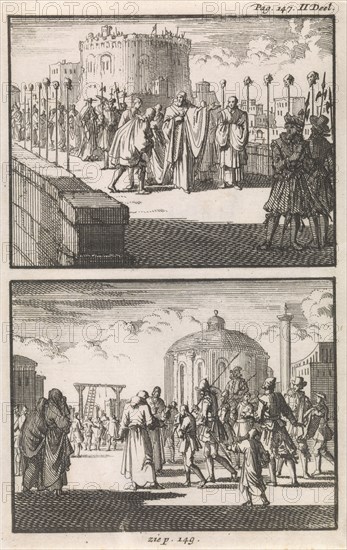 Pope Sixtus V visits the Castel Sant'Angelo in Rome, Italy, a sixteen year old boy is brought to the gallows, Jan Luyken, Janssonius van Waesberge, weduwe Steven Swart, 1697