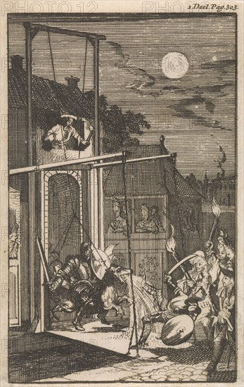 Fight of Don Clarazel with the doll, which represents the giant Dardanel the fire-breathing dragon, Caspar Luyken, Johannes Broersz, Nathanael Holbeex, 1697