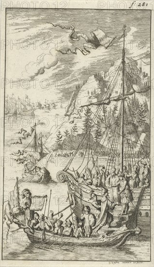 Meeting between the ships of Radirobanes and Meleander, print maker: Jan Luyken, Jan Luyken, Jan Claesz ten Hoorn, 1680