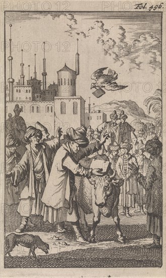 On a large square a crowd of Turks sees how Mahomed takes a book that is held between the horns of a bull, Caspar Luyken, Timotheus ten Hoorn, 1696