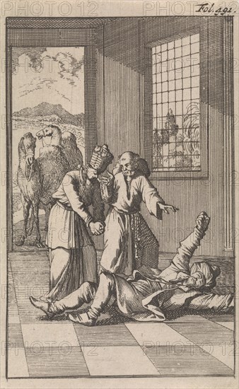 Mahomed falls into raptures at the feet of his wife Kadiga, Caspar Luyken, Timotheus ten Hoorn, 1696