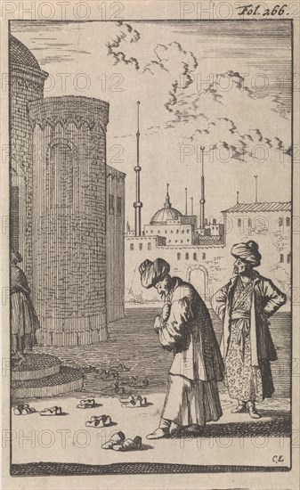 On a square two Turks are walking towards a mosque where before the entrance are a few pairs of shoes, Caspar Luyken, Timotheus ten Hoorn, 1696