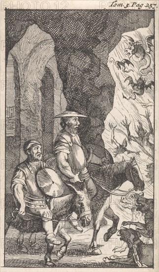 Don Quichotte and Sancho ride past a smithy which they think is the entrance to hell. Caspar Luyken, Pieter Mortier, 1696