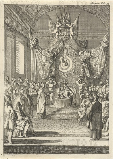 Charles II, King of Spain, listens from his throne to the terms of the Peace of Nijmegen, Caspar Luyken, Willem Broedelet, 1696