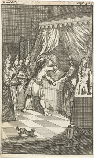Mirandor's brother at the bedside of Rosamire, Caspar Luyken, Pieter van Rijschooten, 1695