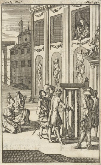 Mirandor's master, the innkeeper, in turning cage, Caspar Luyken, Pieter van Rijschooten, 1695