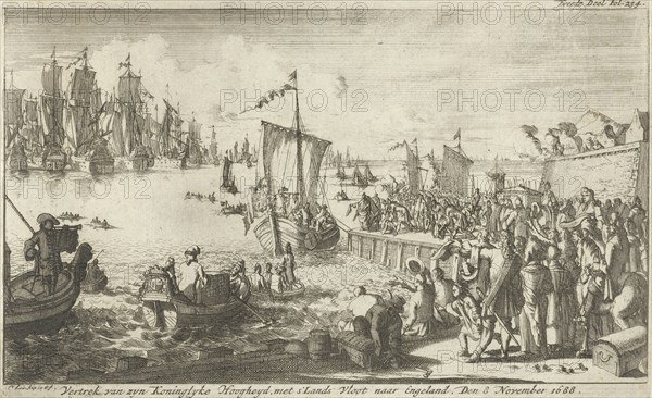 Departure of William III to England, 1688, print maker: Caspar Luyken, Caspar Luyken, Jan Claesz ten Hoorn, 1694