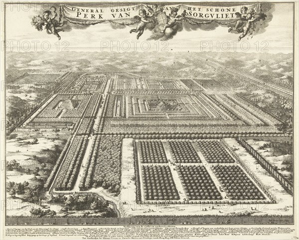 View of Zorgvliet Park in The Hague, The Netherlands, Johannes Jacobsz van den Aveele, Johannes Covens and Cornelis Mortier, Staten-Generaal, c. 1691 - c. 1698