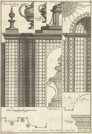 Half trellis pavilion with details, Cornelis Danckerts II, Reinier Ottens I, Reinier Ottens II, 1726-1750