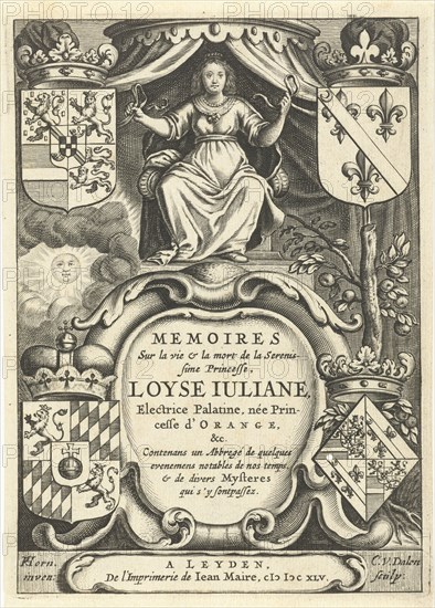 Louise Juliana of Orange-Nassau enthroned under canopy, print maker: Cornelis van Dalen I, Horn, Joannes Maire, 1645