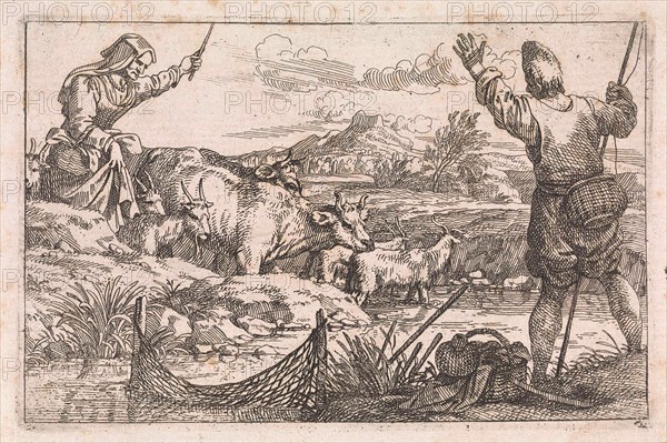 Fishing in river, print maker: Jan Baptist de Wael