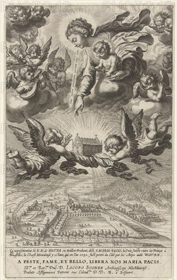 Mary with Child and angels with reliquary in sky above the church of Notre-Dame in Wavre, BoÃ«tius Adamsz. Bolswert, unknown, 1590 - 1633