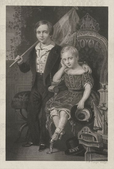 Double portrait of William of Orange, Crown Prince of the Netherlands and Prince Maurice of Orange-Nassau, print maker: Johannes Philippus Lange, Nicolaas Pieneman, 1847 - 1849