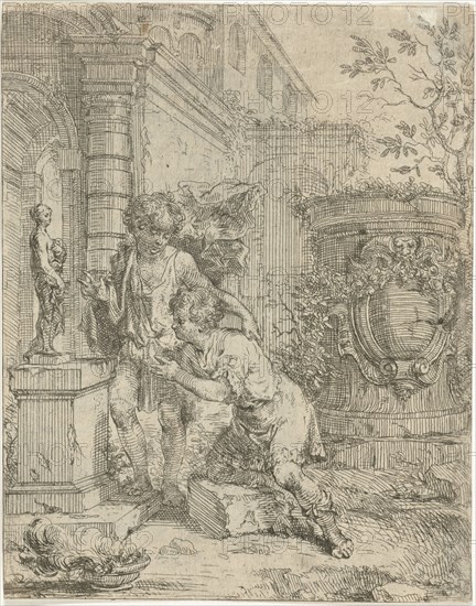 Two boys at statuette of Venus, Lodewijk de Deyster, 1666 - 1711