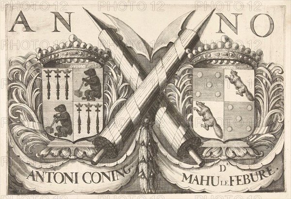Coat of arms of Antoni Coning (mayor of Haarlem?) And Mahu le Febure (mayor of Haarlem). Between the two arms two crossed fasces (around an ax bound arrows), symbols of justice and concord, print maker: Romeyn de Hooghe, Dating 1688 - 1689
