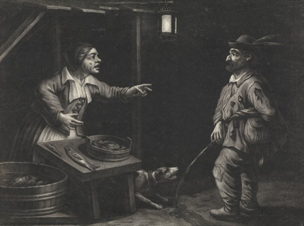 Night scene of a fishmonger and a man urinating, Jan van der Bruggen, 1659 - 1740