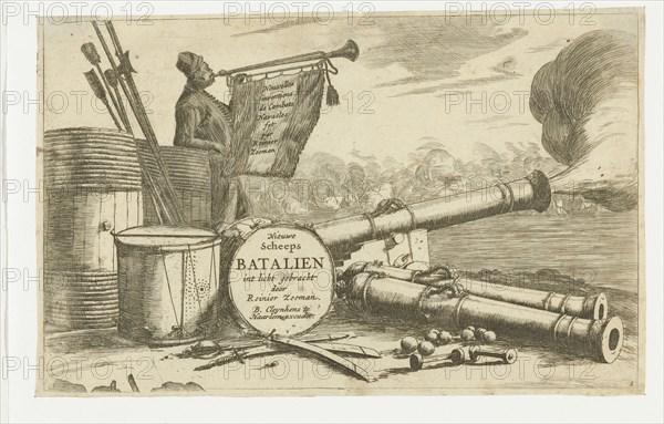 Title page with the equipment of a warship and a trumpet player, Reinier Nooms, 1652 - 1656