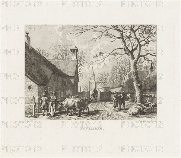 Farmers negotiate near oxen in a village, print maker: Izaak Jansz. de Wit, 1807, Jacob Cats, 1741-1799