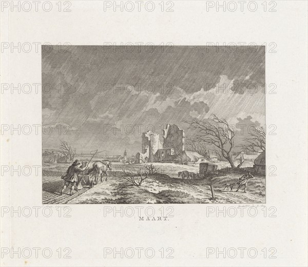 Landscape with ruins and a farmer plowing in the rain, Izaak Jansz. de Wit, 1805