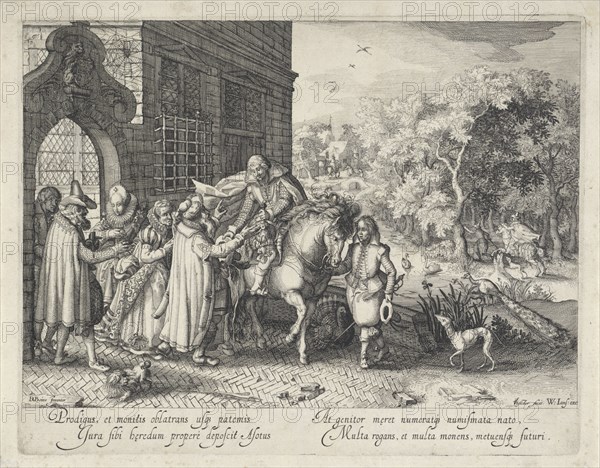 The prodigal son says goodbye to his father, Claes Jansz. Visscher (II), Willem Janszoon Blaeu, 1608