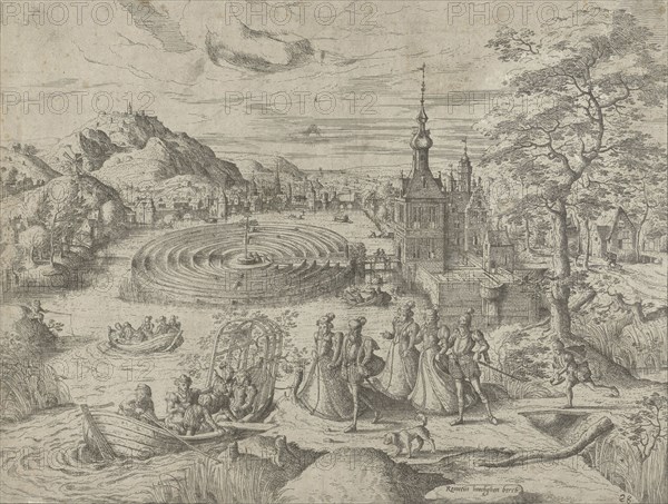Landscape with company getting into a boat, Remigius Hogenberg, 1546-1588