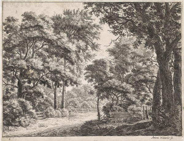 Large trees on either side of a path, Anthonie Waterloo, 1630 - 1663